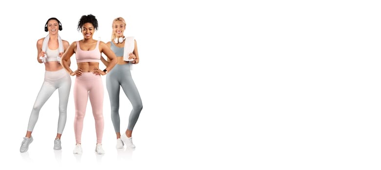 Three women are engaging in fitness activities, wearing colorful activewear and showing enthusiasm for health. They hold water bottles and appear motivated in their workout routines.