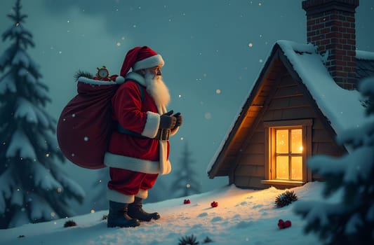 Santa Claus stands atop a snowy rooftop next to a chimney, holding a large sack overflowing with vibrant gifts, poised to deliver joy to excited children waiting below