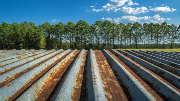 Weathered corrugated metal sheets displaying rust and texture contrast against a vibrant green forest. the blue sky enhances the architectural and natural elements, creating a striking composition of nature and industry.