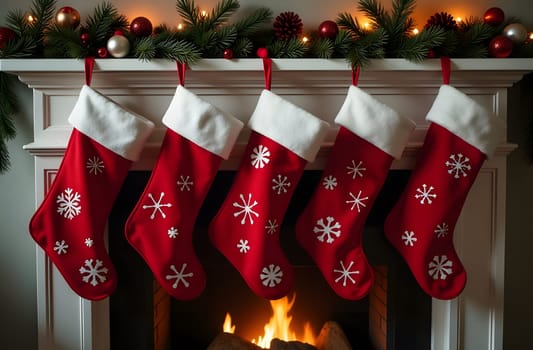A charming fireplace adorned with five red Christmas stockings featuring white pom-poms. Each stocking is beautifully decorated with snowflakes and festive patterns, adding a cozy touch to the holiday decor