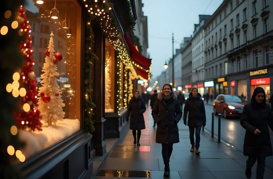 A bustling city street with store windows beautifully decorated with garlands, toys, and glowing Christmas trees. Passersby smile as they stroll, enjoying the festive atmosphere in the air
