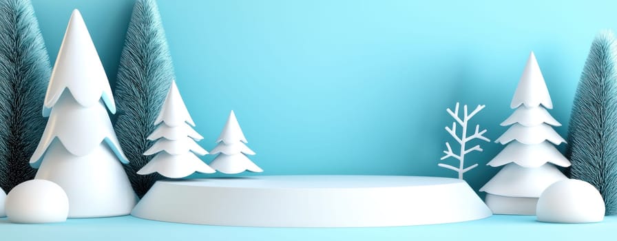 Winter scene with abstract trees and circular platform, evoking serene atmosphere.