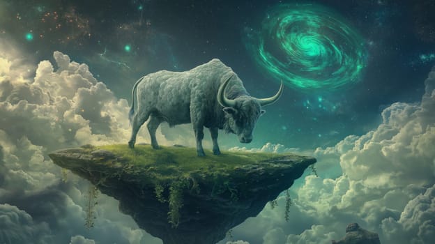 A majestic bull stands on a lush, floating island set against a serene, cosmic background. swirling galaxies and ethereal clouds enhance the fantasy atmosphere, ideal for creative sci-fi or fantasy art designs.