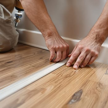 Hands carefully install a floor transition strip, aligning it perfectly for a seamless finish between different floorings.