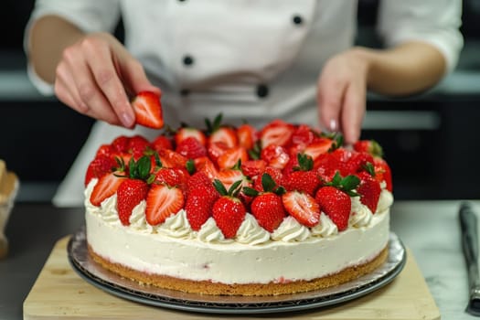 A chef is decorating a strawberry cake with whipped cream and strawberries. The cake is placed on a wooden table