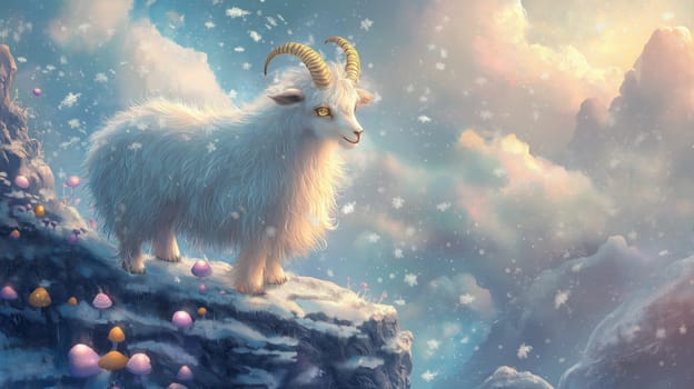 Cozy pastel mountain scene with little fluffy goat on misty cliff at sunrise. High quality illustration