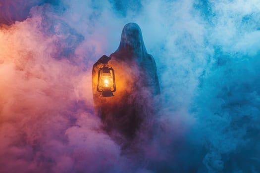 A ghostly figure is holding a lantern in a misty, blue and purple atmosphere. The lantern is lit, casting a warm glow on the figure. Concept of mystery and intrigue
