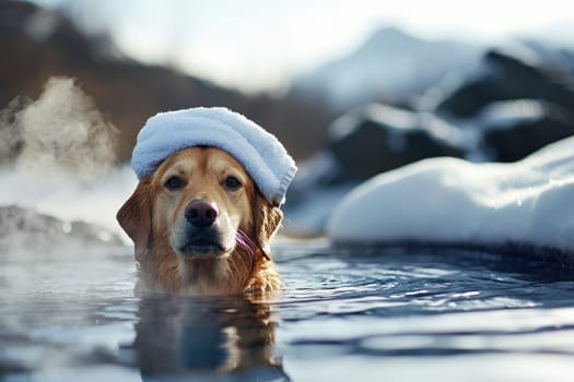 golden retriever relaxing in hot spring, wearing towel on its head.