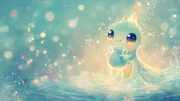 A delightful pastel illustration portrays a charming little water sprite holding a jar, set against a dreamy background. the scene exudes a whimsical and magical atmosphere, ideal for fantasy-themed designs and storytelling.