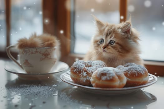 A delightful and charming winter scene featuring a fluffy little kitten nestled beside snowy donuts and a warm drink