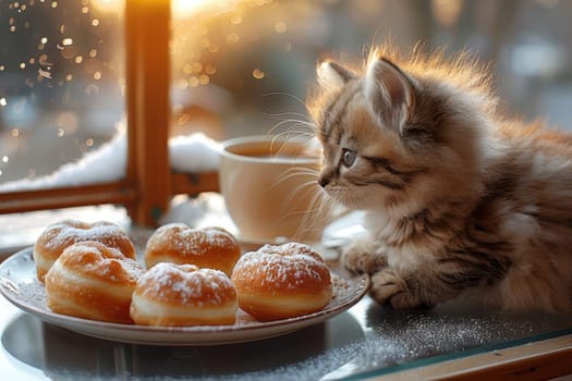 A playful little kitten curiously gazes at a few fluffy powdered donuts lying on a plate by a snowy window