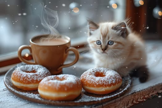 A cute kitten sits by a steaming cup of coffee and powdered sugar donuts, creating a cozy winter ambiance