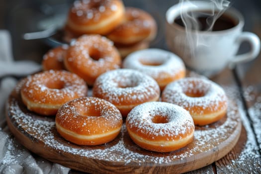 Irresistibly delicious donuts generously dusted with sweet powdered sugar, perfectly paired with steaming coffee