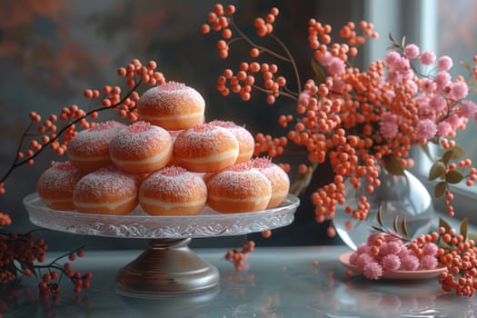 A stunning display of glazed donuts adorned with flowers and berries, perfect for any festive occasion.