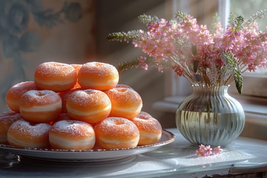 A display of delightful, powdered sugardusted donuts elegantly placed next to a stunning flower arrangement