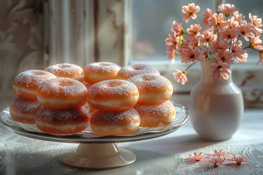 A colorful arrangement of delicious donuts dusted with powdered sugar, placed beside blooming flowers