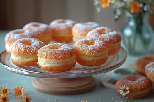 A breathtaking, stunning display of fresh glazed donuts that are beautifully topped with powdered sugar