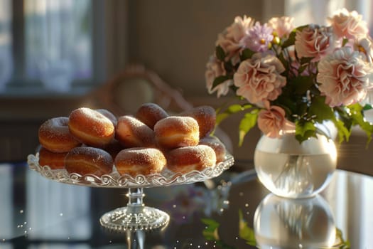 Enjoying fresh, beautifully displayed donuts on a lovely glass plate, complemented by a stunning flower bouquet