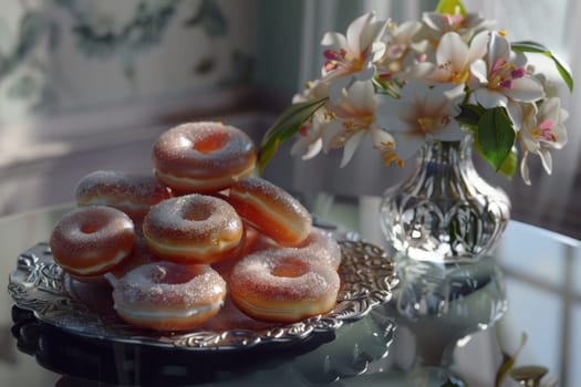 Charming powdered donuts decorated with colorful flowers, perfect for breakfast or dessert indulgence