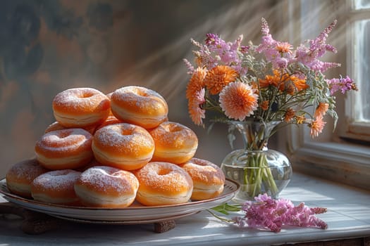 An absolutely delightful and visually stunning display of sugary donuts paired beautifully with vibrant, fresh flowers