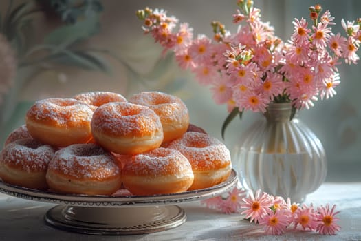A beautiful display of delightful donuts and fresh pink flowers, perfect for springthemed media visuals