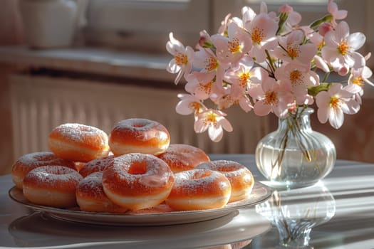 Delicious and beautifully arranged donuts, accompanied by vibrant pink flowers, creating a cozy and inviting ambiance