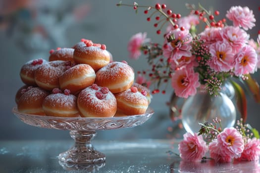 An exquisitely styled presentation of delectable donuts and fresh, vibrant flowers in soft, tranquil colors