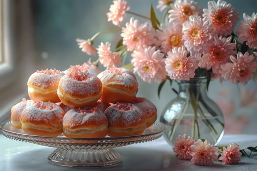 A colorful donut arrangement with pink flowers creates a delightful ambiance for a cozy cafe atmosphere