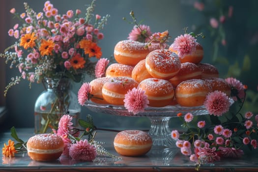 A beautiful display of assorted doughnuts, surrounded by vibrant flowers in a setting that enhances their charm