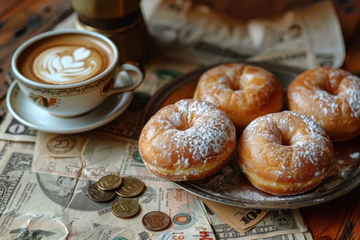 Picture a cozy scene showcasing warm coffee and delightful donuts set against a backdrop of charming vintage currency