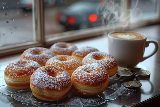 A cozy afternoon scene featuring delicious donuts topped with powdered sugar alongside a steaming cup of coffee