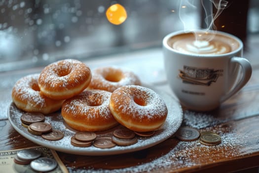 A beautifully warm scene showcasing frosted donuts and a cup of freshly brewed coffee by the window, creating comfort