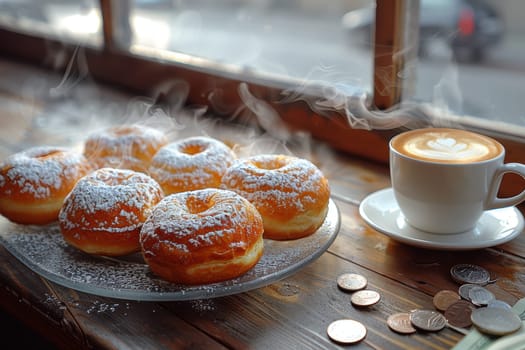 Indulging in delicious donuts generously dusted with powdered sugar placed beside a steaming hot cup of coffee