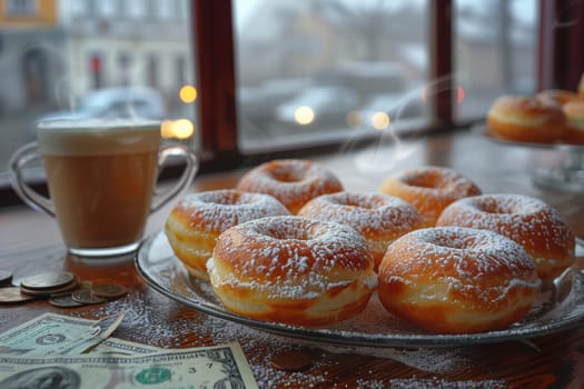 Indulge yourself in a delightful selection of tasty donuts paired with fresh coffee for a warm and cozy cafe experience