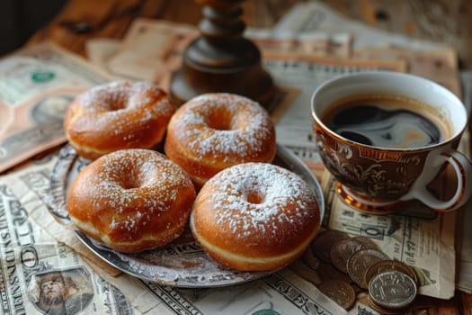 Enjoy freshly baked donuts with rich coffee while admiring a beautiful collection of vintage banknotes
