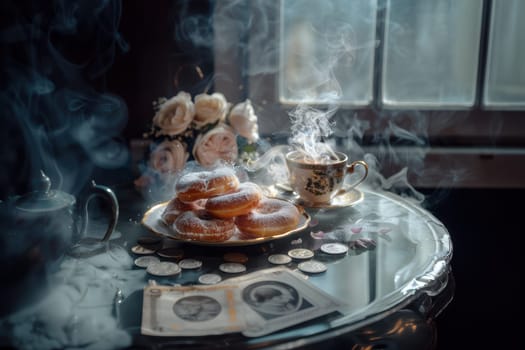 A serene tea setting with delightful pastries, lovely roses, and a steaming cup of tea, invoking tranquility