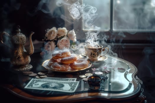 The charming tea setup features delightful sweets, beautiful flowers, and gentle smoke, creating an inviting atmosphere