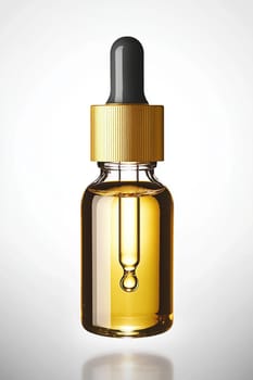 Glass dropper bottle filled with a golden liquid is dripping, showcasing its potential for beauty, health, or pharmaceutical applications