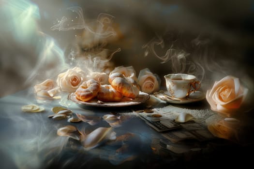 A beautiful rose arrangement with delectable pastries and an elegant tea cup, exuding charm and tranquility