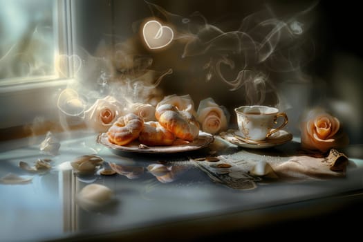 A beautifully arranged, serene tea setting featuring delicate pastries and blooming roses, ideal for elegant gatherings