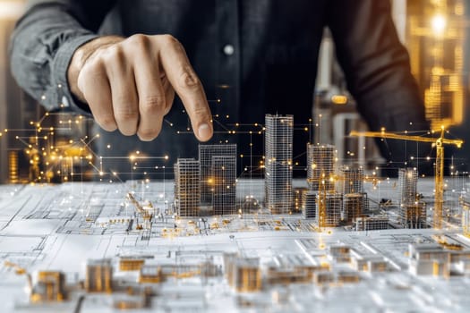 An engineer hand interacts with a 3D architectural model, illustrating the planning and development of urban designs amidst digital enhancements and construction elements.