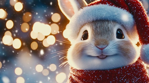 cute rabbit wearing Santa hat and red scarf smiles joyfully.