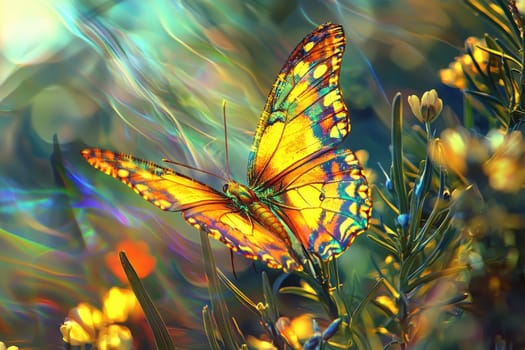 A stunning and vibrant butterfly in a lush garden, capturing the beauty of nature with its striking colors and patterns, set against a dreamy bokeh backdrop.