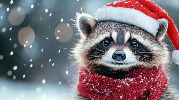cute raccoon wearing Santa hat and red scarf, celebrating Christmas joyfully.