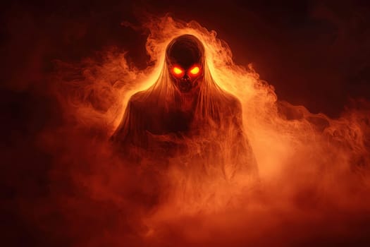A scary monster with red eyes and a long, twisted body is surrounded by smoke. The smoke is orange and billowing, creating a sense of danger and unease. The monster's appearance is unsettling