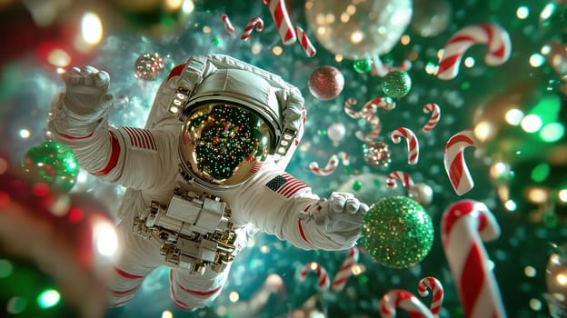 Christmas astronaut floating in space with festive decorations and candy canes.