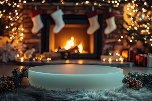 A Christmas scene with a fireplace and a Christmas tree. The fireplace is lit and there are four red stockings hanging above it. The scene is warm and cozy, with a festive atmosphere