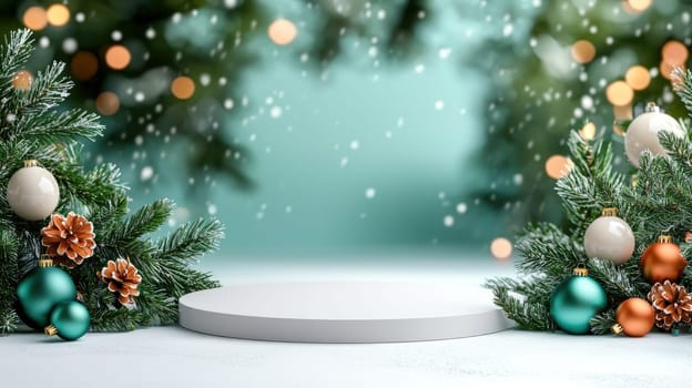 modern Christmas podium surrounded by festive greenery and ornaments.