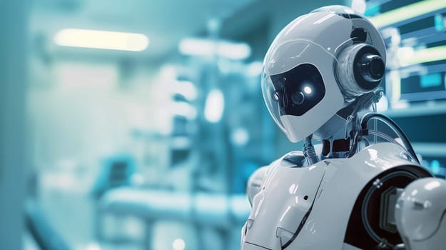 humanoid robot is positioned in a state-of-the-art hospital, demonstrating high-tech features while surrounded by medical equipment and monitors, showing the evolution of healthcare - Generative AI