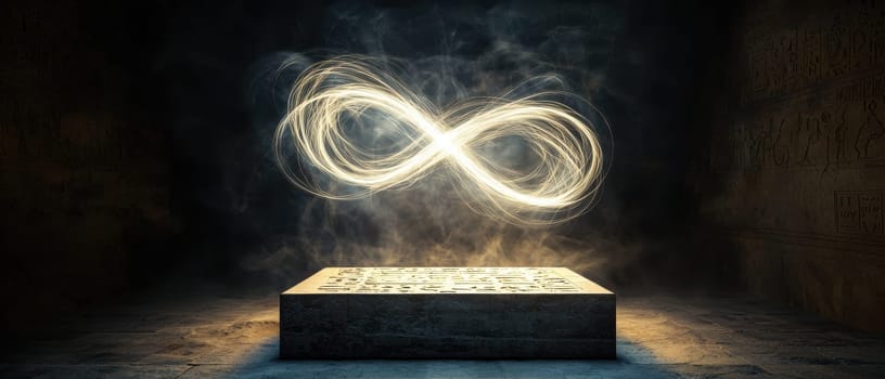Experience the serene beauty of swirling light that forms an infinity symbol. This ethereal image captures a mysterious yet tranquil essence, perfect for creative projects.